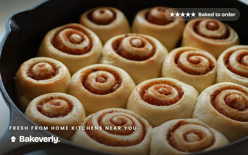 A skillet of cinnamon buns, fresh from a home kitchen