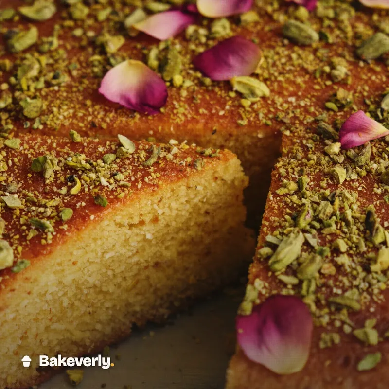 Saffron and pistachio cake with rose petals